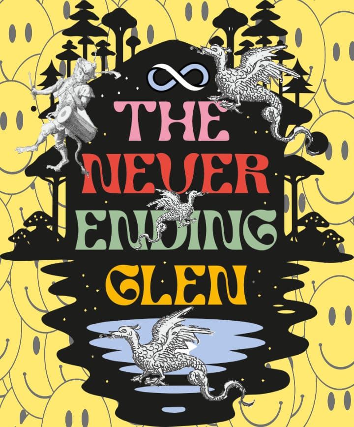 Never Endingn Glen logo with strange fae creatures on it and rave face collage behind