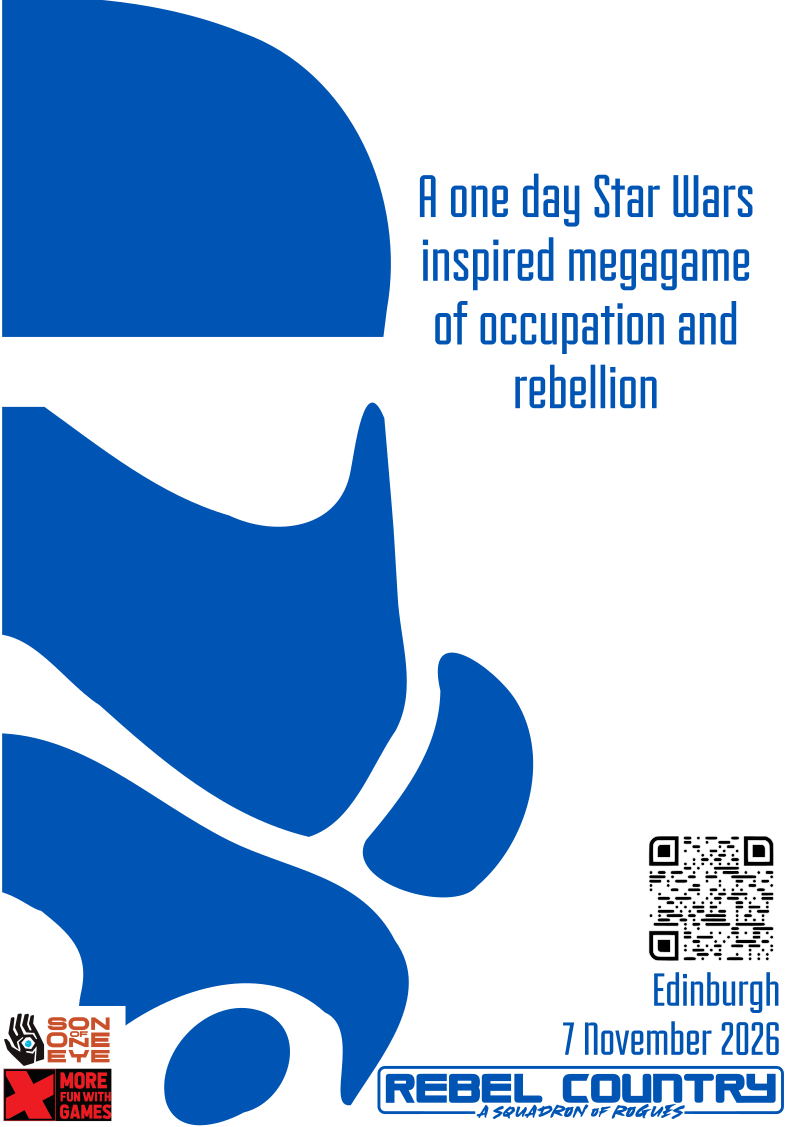 White background with blue text and imaged, half a imperial trooper helmet on left and then info text on game with logos etc in rest of flyer