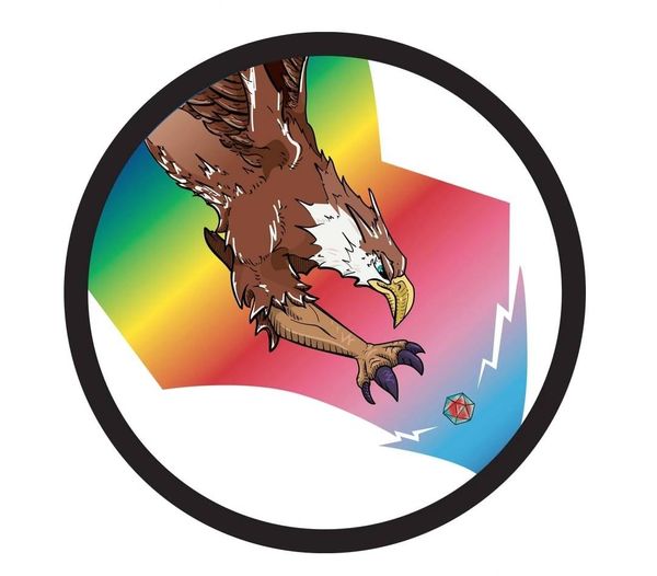Conpulsion 2026 logo white background, black outline circle, inside a stylised Eagle swooping down onto a d20 inside a trans rainbow themed lighting bolt style background
