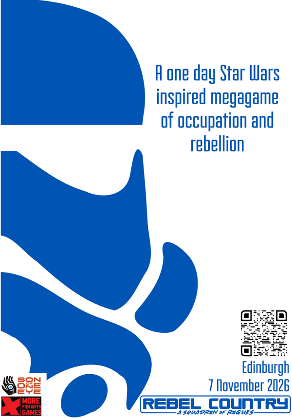 White background with blue text and imaged, half a imperial trooper helmet on left and then info text on game with logos etc in rest of flyer