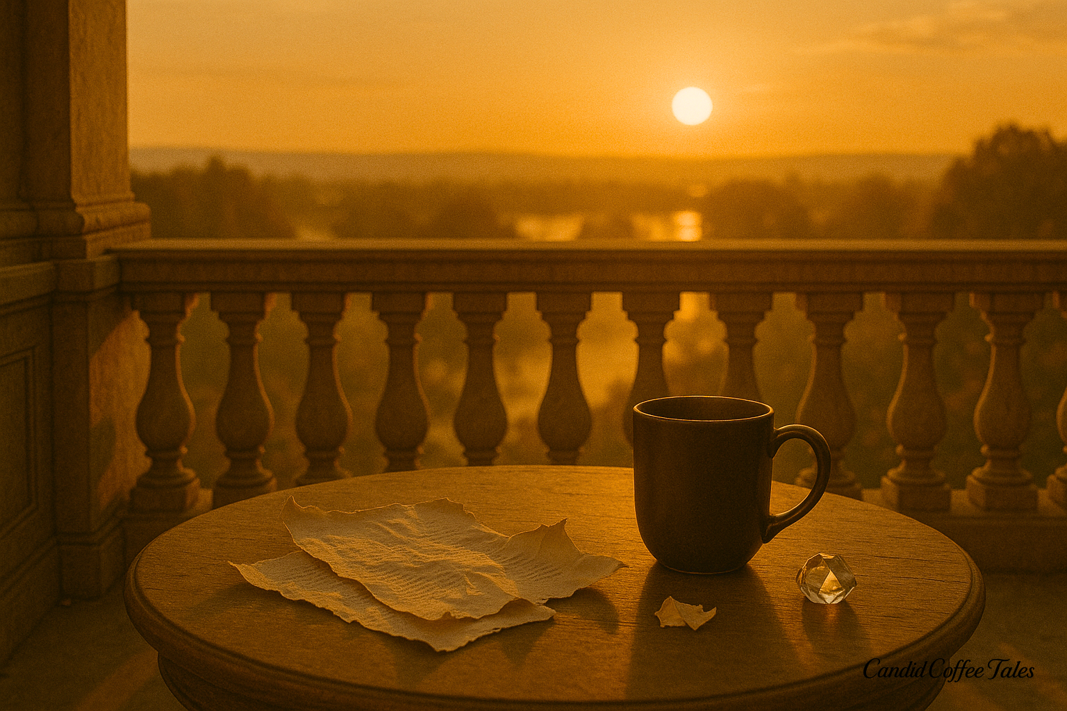 A coffee mug and crumpled pages on a balcony at sunset, capturing the quiet pause and self-reflection that come after rejection.