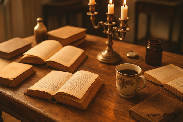 Books scattered across a table beside a vintage coffee cup and a candle stand — an introspective space where thoughts, doubts, and creative longing unfold.