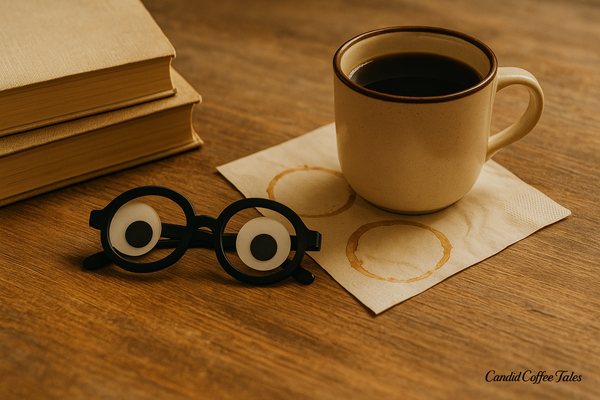 A coffee mug on a napkin with coffee rings, surrounded by funny slipping glasses and books, capturing a cozy, awkward life moment.