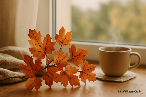 A vine of autumn leaves and a coffee mug resting on a table — a symbol of a season that teaches us to let go and start anew.