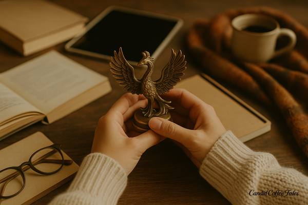 Hands holding a small phoenix statue over a table with scattered books and a coffee mug — a moment reflecting how someone’s words brought comfort, clarity, and strength.