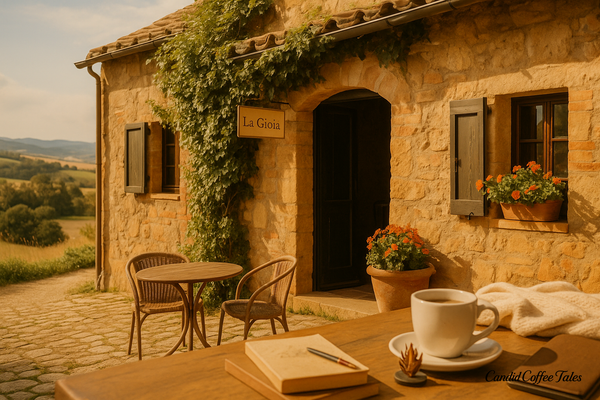 Italian café table with coffee and books — a quiet moment of finding joy (La Gioia) in life's little embarrassments.