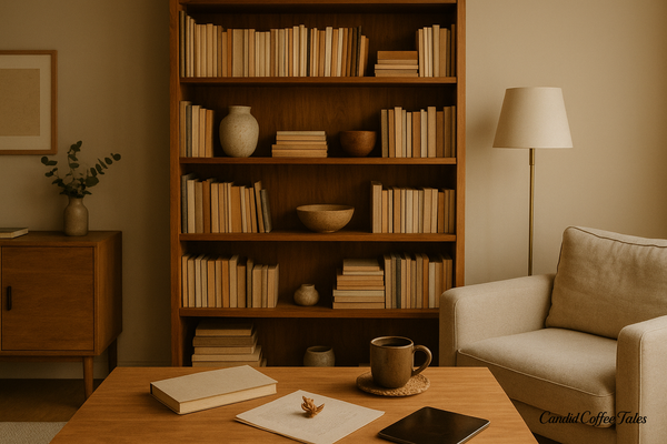 A cozy reading room with a large bookshelf, sofa, and a table set with coffee, a book, a tab, and some pages — a space where stories, thoughts, and life gently intertwine.