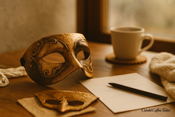 A masquerade mask, coffee mug, and pen with paper on a table — a quiet metaphor for identity, perception, and the untold stories behind every face.