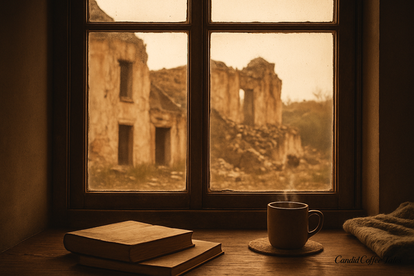 Coffee and books by a window, overlooking a crumbling building — a moment of reflection on forgotten stories in abandoned places.