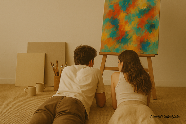 A couple lying on the floor of an art studio, talking beside a painted canvas and coffee cups, reflecting on intimacy in relationships.