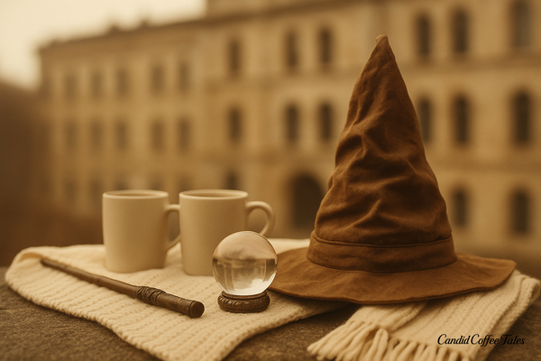 Magic hat, wand, crystal ball, white scarf, and two coffee mugs set before a faded building — a story of love, memory, and disappearing places.