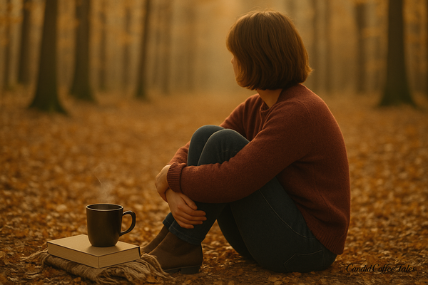 Woman sitting on an autumn forest floor with a coffee mug, book, and scarf beside her — a moment of self-chosen womanhood beyond procreation.
