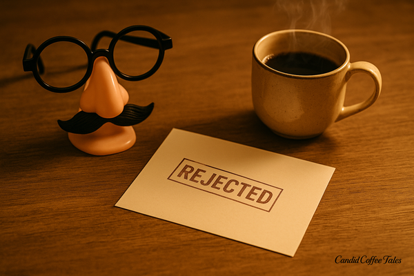 A warm cup of coffee next to a “REJECTED” letter and a playful disguise prop, capturing the blend of humor and resilience in facing job rejections.