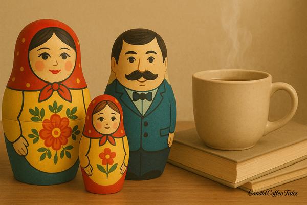 Matryoshka dolls beside coffee and books, representing the layered, imperfect beauty of family and acceptance.