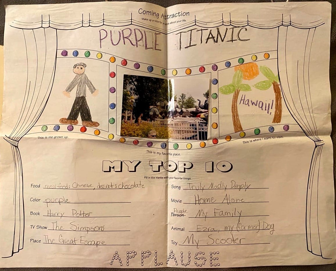  Alt text: A big piece of poster paper. “PURPLE TITANIC” is written in crayon across the top. Under are a handful of drawings and filled-in blanks of my top ten favorite things when I was 10.