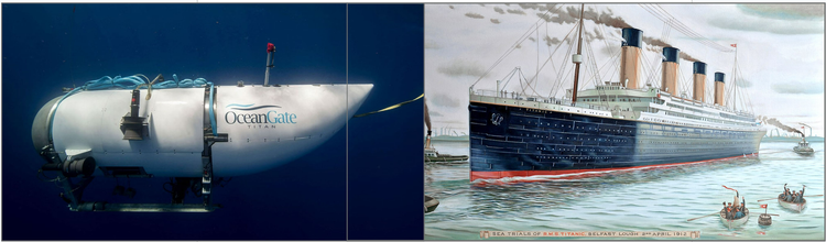 Left: The Titan submersible illuminated underwater. Right: Painting of the Titanic at its sea trials in Belfast, surrounded by onlookers in smaller seacraft.
