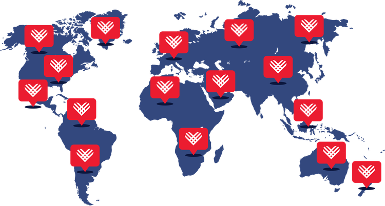 Map of the world with pins featuring the Giving Tuesday heart logo in every country.