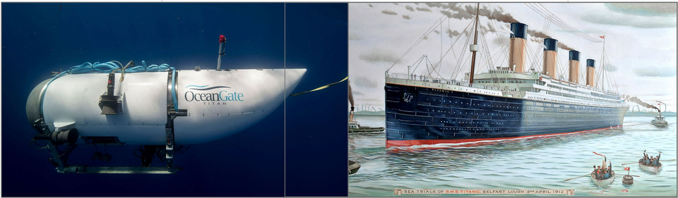 Left: The Titan submersible illuminated underwater. Right: Painting of the Titanic at its sea trials in Belfast, surrounded by onlookers in smaller seacraft.