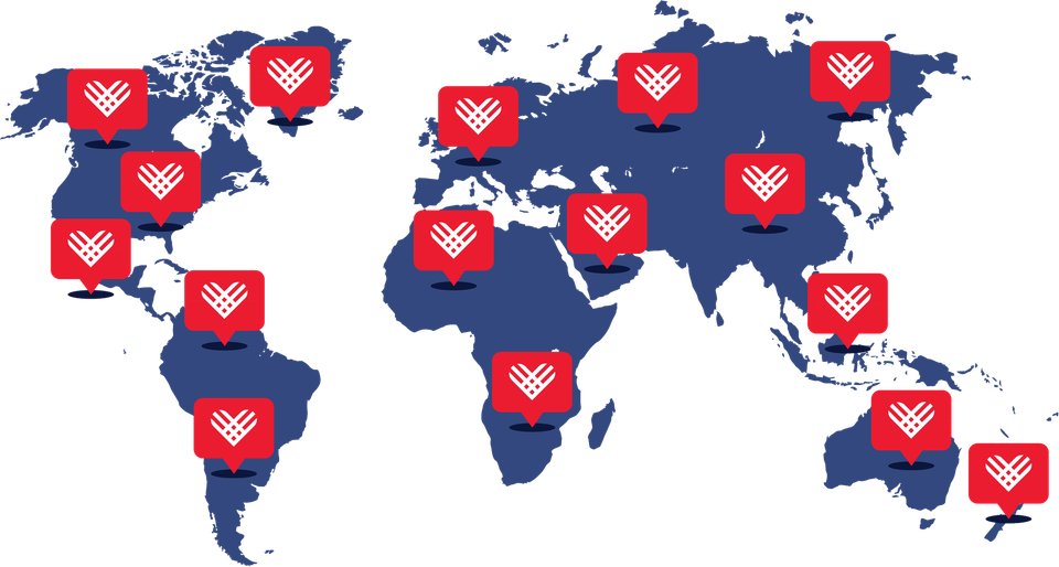 Map of the world with pins featuring the Giving Tuesday heart logo in every country.