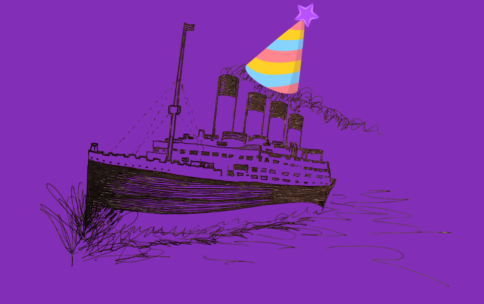 The Purple Titanic logo - Titanic, hand drawn in black ink, plowing at full steam through a wave, on a deep purple background - with a party hat above its smokestacks.