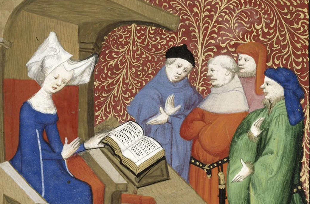 Illuminated manuscript: Christine de Pizan instructing four men