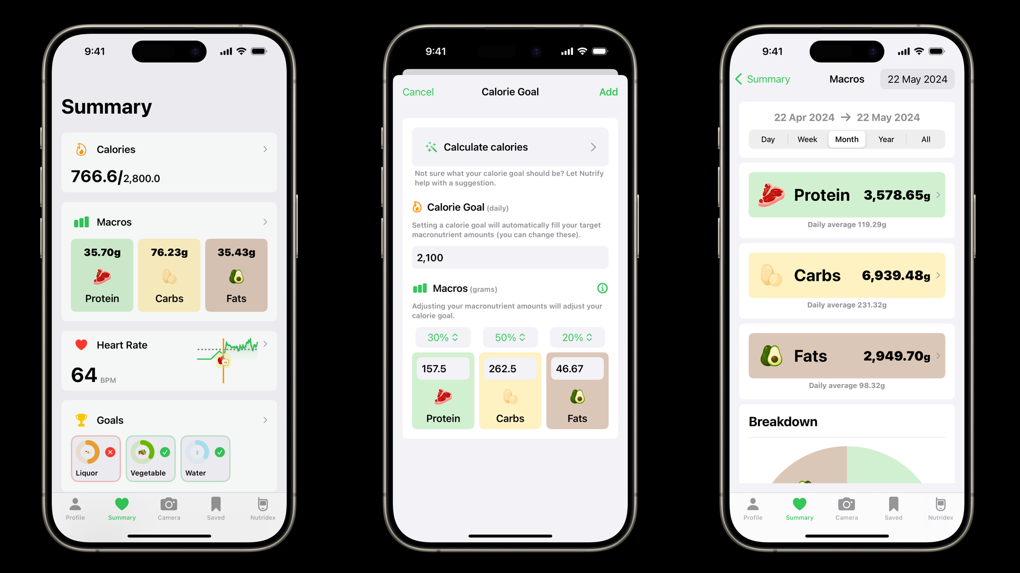 "Three smartphone screens displaying different sections of a nutrition tracking app called Nutrify. The first screen shows a summary with calories consumed (766.6 out of 2,800), macronutrient breakdown (protein, carbs, fats), heart rate (64 BPM), and daily goals (liquor, vegetable, water). The second screen allows setting a calorie goal with an example goal of 2,100 calories, and corresponding macronutrient targets (protein, carbs, fats). The third screen shows monthly macronutrient intake totals for protein (3,578.65g), carbs (6,939.48g), and fats (2,949.70g), with a pie chart breakdown."