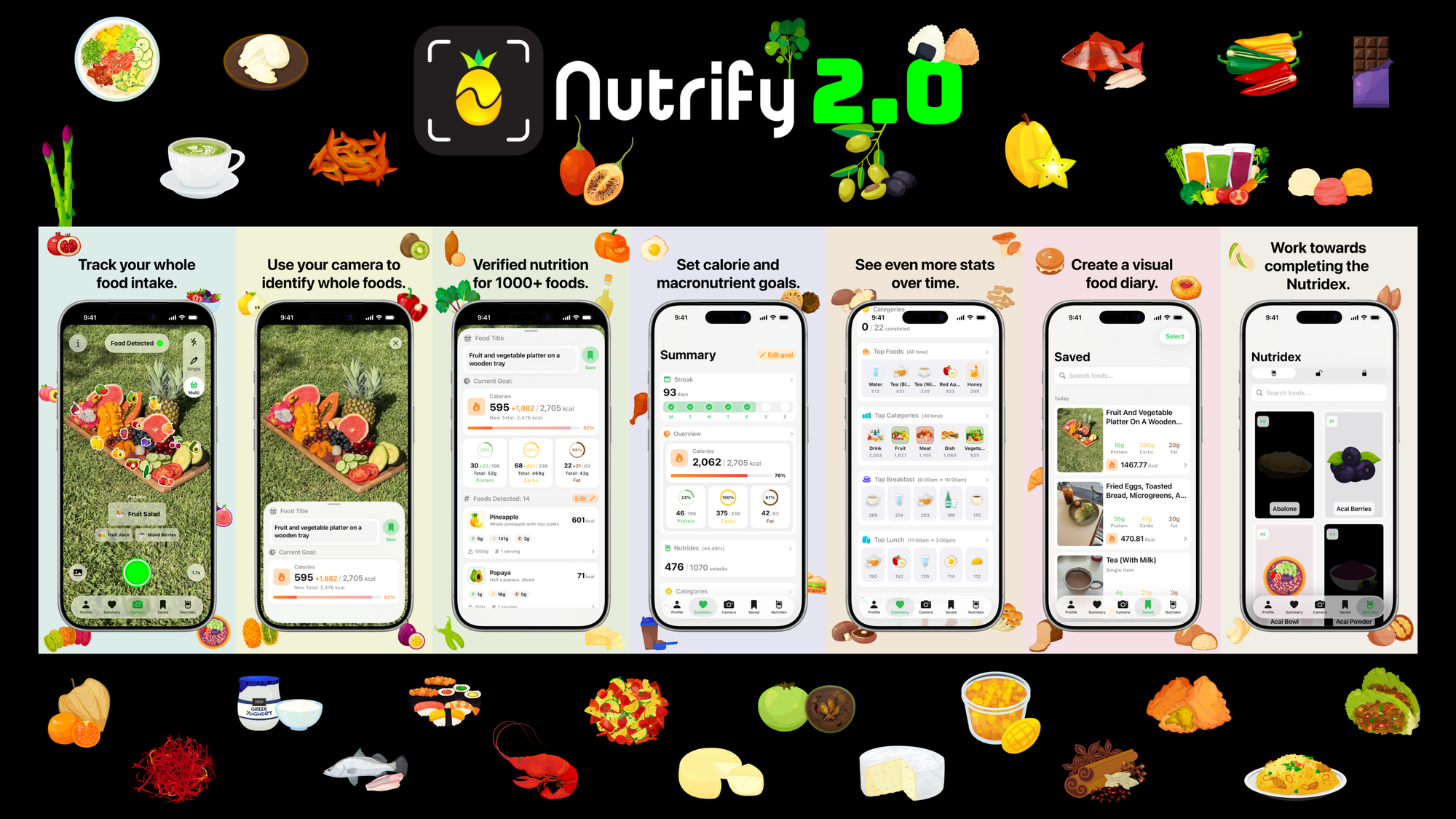 Nutrify 2.0 banner on black background with pineapple logo. Seven iPhones show app features: food tracking, camera ID, nutrition info, goals, stats, diary. Colorful food icons surround.