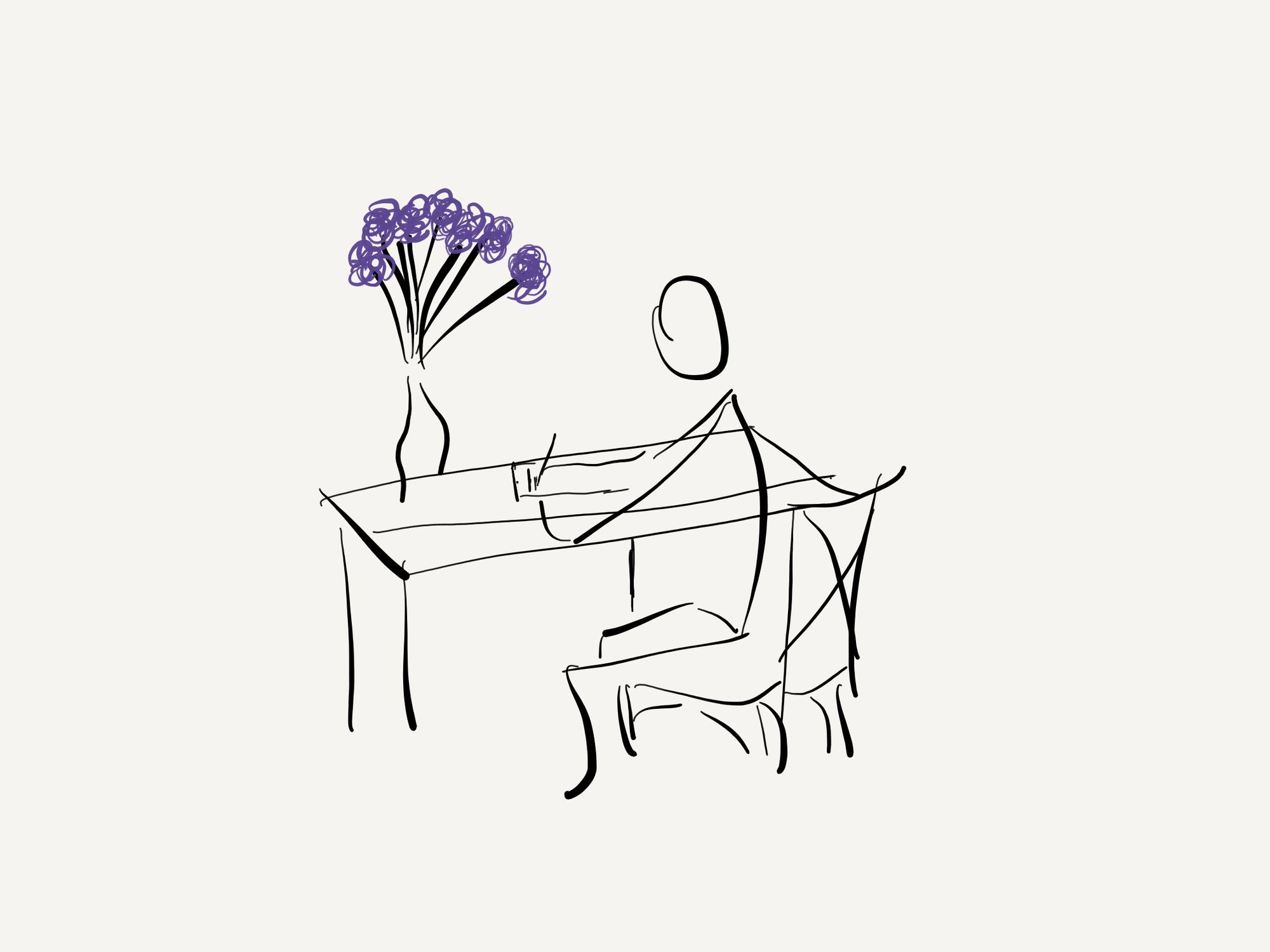 Line drawing of person writing at desk with a vase of purple flowers on the table