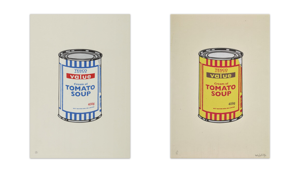 Two paintings of soup cans, one red, one blue. Artwork by Banksy.