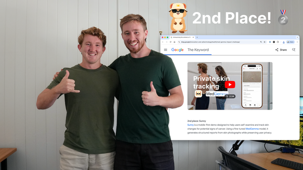 Two men, Josh and Daniel, with their arms around each other, celebrating 2nd place. On the right is a screenshot featuring their project 'Sunny,' a skin tracking app.