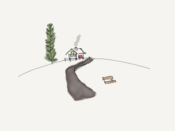 Drawing of a house on a hill with smoke coming out of a chimney. Wooden seat in the foreground and a tree next to the house on the left.