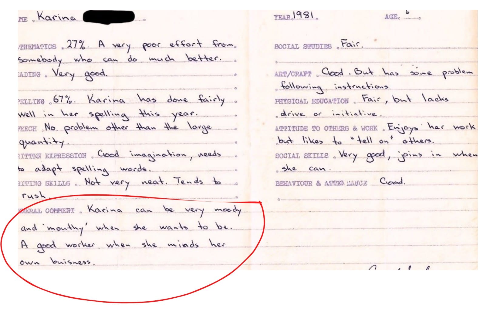 Karina's report card