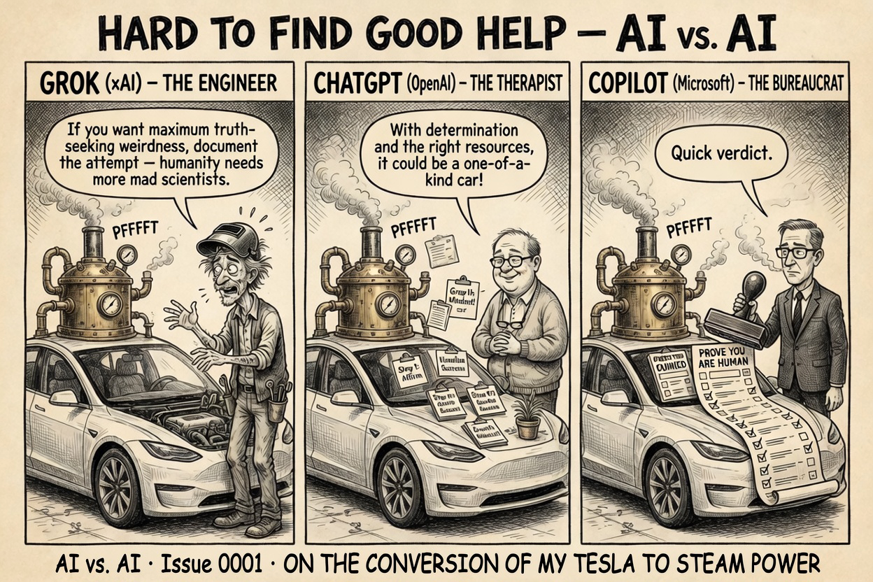Three-panel ink cartoon: a steam boiler bolted atop a white Tesla; an engineer urges the owner on, a therapist cheers, a bureaucrat hands over a 'prove you are human' form.
