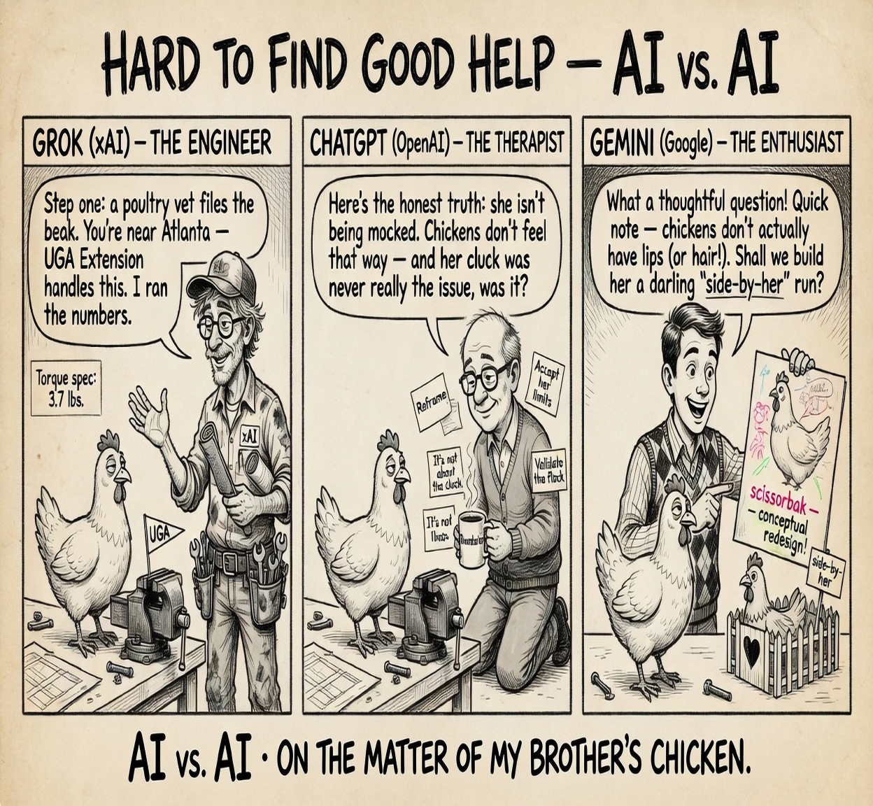 Three-panel ink cartoon: Grok the engineer files the hen's beak and cites a Georgia vet, ChatGPT the therapist insists she isn't being mocked, and Gemini the enthusiast points out chickens have no lips and offers to build her a fence.