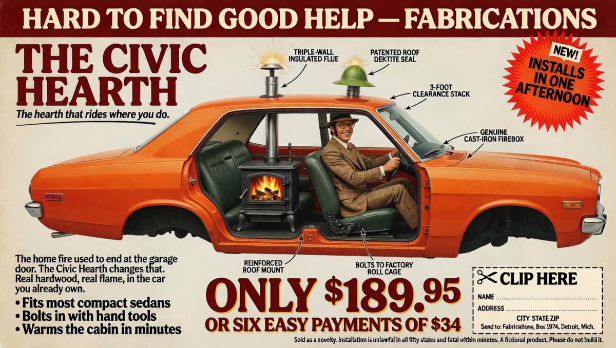 Vintage magazine ad: a cast-iron wood stove with a live flame bolted into the back seat of an orange 1970s sedan, a tweed-suited man at the wheel; labeled callouts and a clip-out coupon.