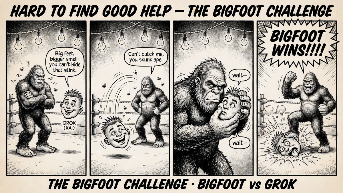 Four-panel ink comic: a disembodied grinning head labeled Grok taunts Bigfoot over his big feet and smell, bounces around the ring, and gets caught and spiked. Bigfoot wins.