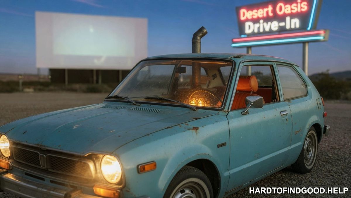 Weathered light-blue 1970s Honda Civic at a desert drive-in at dusk; a lit wood stove with a stovepipe through the roof glows inside; neon Desert Oasis Drive-In sign behind.