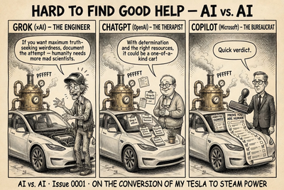 Three-panel ink cartoon: a steam boiler bolted atop a white Tesla; an engineer urges the owner on, a therapist cheers, a bureaucrat hands over a "prove you are human" form.