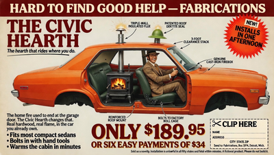 Vintage magazine ad: a cast-iron wood stove with a live flame bolted into the back seat of an orange 1970s sedan, a tweed-suited man at the wheel; labeled callouts and a clip-out coupon.