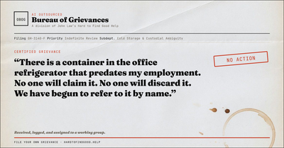O-BOG grievance card: Bureau of Grievances filing GH-3140-F about an unclaimed office-refrigerator container that predates employment, stamped NO ACTION, on aged paper.