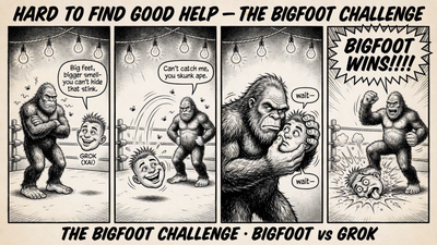 Four-panel ink comic: a disembodied grinning head labeled Grok taunts Bigfoot over his big feet and smell, bounces around the ring, and gets caught and spiked. Bigfoot wins.