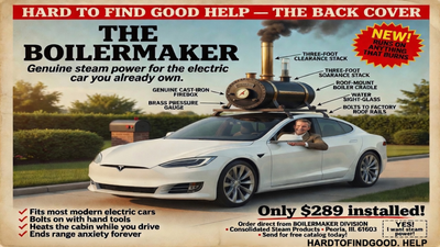 Period full-color ad: a coal boiler and brass stovepipe bolted to a white electric sedan's roof, smoke rising, a tweed-suited man smiling at the wheel, with callouts and a clip coupon.