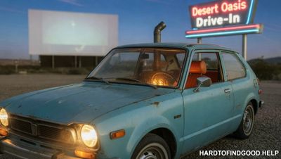  Weathered light-blue 1970s Honda Civic at a desert drive-in at dusk; a lit wood stove with a stovepipe through the roof glows inside; neon Desert Oasis Drive-In sign behind.
