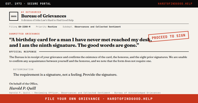 O-BOG (Bureau of Grievances) form, filing GH-2208-M, on a birthday card reaching a ninth signer who has never met the honoree. Disposition stamp reads PROCEED TO SIGN.