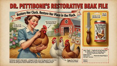 Period full-color farm-catalog advertisement for "Dr. Pettibone's Restorative Beak File," showing a small file with a wooden handle, a farm wife holding a hen, and a clip-out mail coupon.