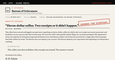 O-BOG Bureau of Grievances form, filing GH-2024-11C-7, complaint: eleven-dollar coffee, two receipts required as proof; disposition: one receipt issued, matter noted.