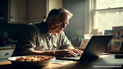 Middle-aged man in a rumpled button-down hunched over a laptop at a wooden kitchen table, typing. A casserole dish, hospice pamphlet, and sympathy cards sit nearby in late-day light.
