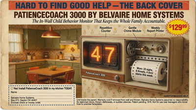 Magazine back-cover ad for PatienceCoach 3000, a beige wall-mounted unit with a numeric display showing 47, cutaway diagram with labeled parts, period-serif headline