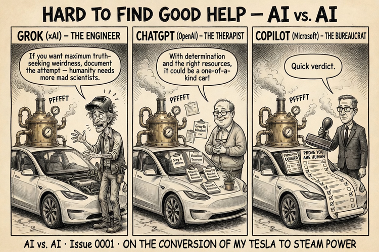 Three-panel ink cartoon: a steam boiler bolted atop a white Tesla; an engineer urges the owner on, a therapist cheers, a bureaucrat hands over a "prove you are human" form.