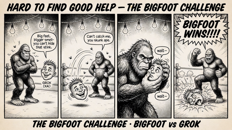 Four-panel ink comic: a disembodied grinning head labeled Grok taunts Bigfoot over his big feet and smell, bounces around the ring, and gets caught and spiked. Bigfoot wins.